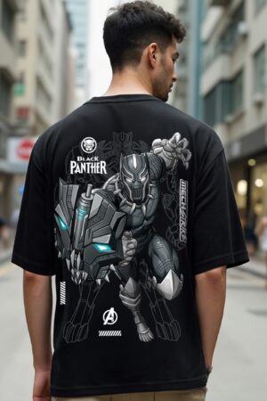 Black Black Panther Printed Round Neck Short Sleeves Cotton Oversized T-shirt